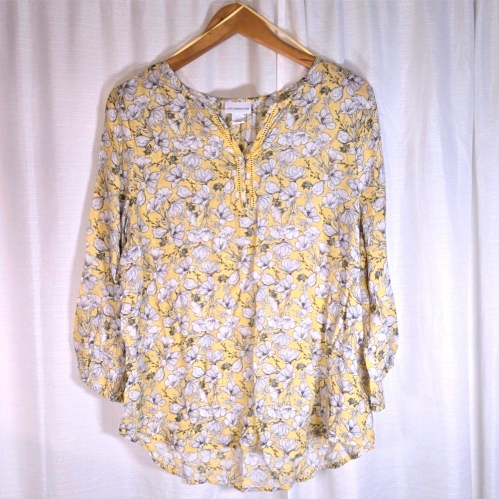 Liz Claiborne Womens Yellow Floral 3/4 Sleeve Henley Blouse Top‎ Size L Large